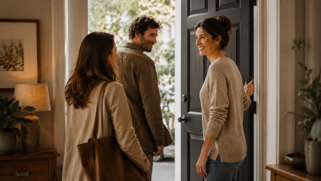 Anfitriona despidiendo a dos amistades en la entrada de una casa, en una escena cálida y cotidiana de compañía compartida.