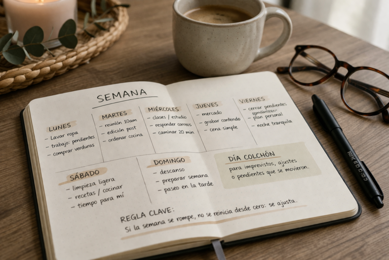Libreta abierta con una planificación semanal, una taza, lentes y un bolígrafo sobre una mesa, como apoyo visual para organizar la semana con más claridad.
