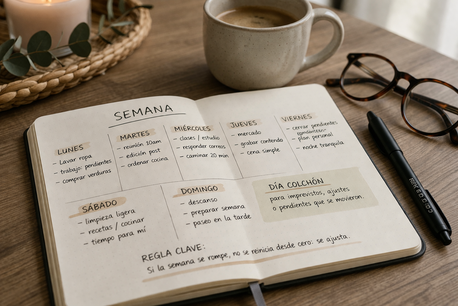 Libreta abierta con una planificación semanal, una taza, lentes y un bolígrafo sobre una mesa, como apoyo visual para organizar la semana con más claridad.