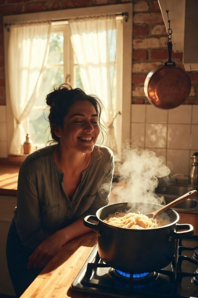 Mujer sonriente en una cocina iluminada por luz natural, inclinada sobre una olla humeante en un ambiente cálido y hogareño.