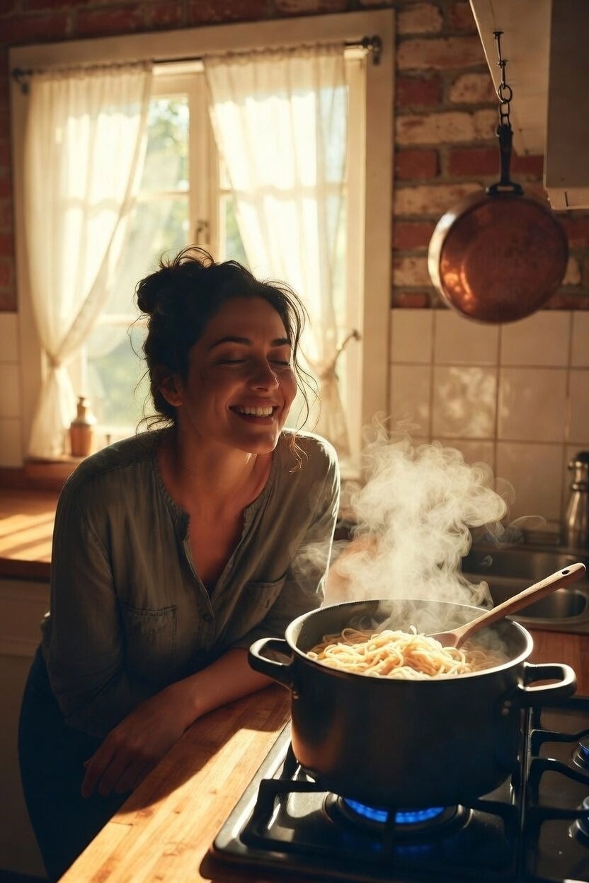 Mujer sonriente en una cocina iluminada por luz natural, inclinada sobre una olla humeante en un ambiente cálido y hogareño.