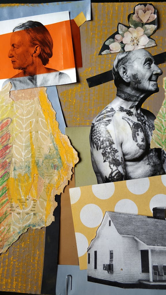 Collage editorial con recortes superpuestos, papeles rasgados y texturas irregulares que aportan carácter visual.