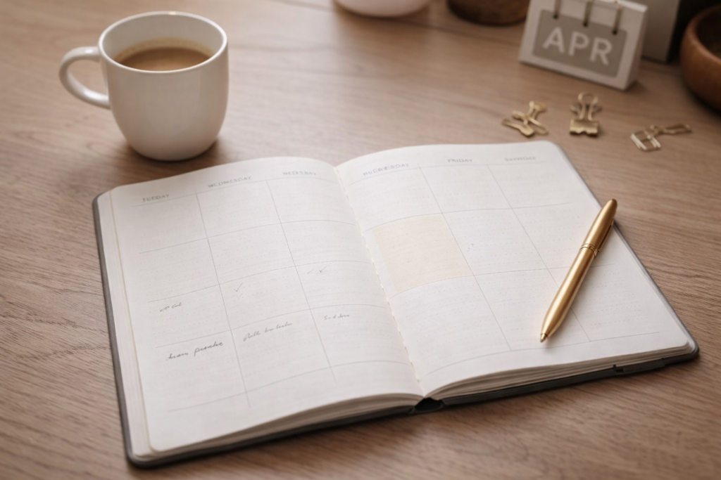 Agenda semanal abierta sobre un escritorio de madera, con cuadrícula simple, una taza de café y una pluma dorada en una escena de planificación tranquila.