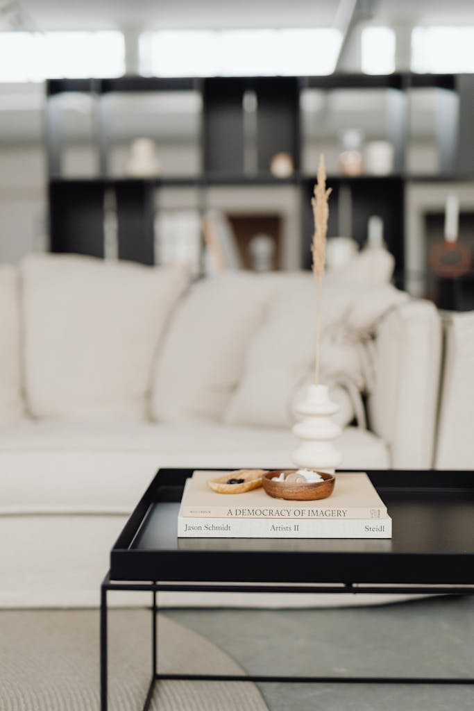 Sala con sofá, mesa de centro y objetos cotidianos acomodados de forma sencilla en un espacio doméstico funcional y sereno.