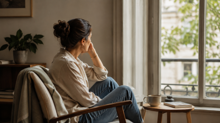 Persona sentada junto a una ventana en un interior tranquilo, con una taza y un libro sobre una mesa pequeña, en una escena de pausa e introspección.