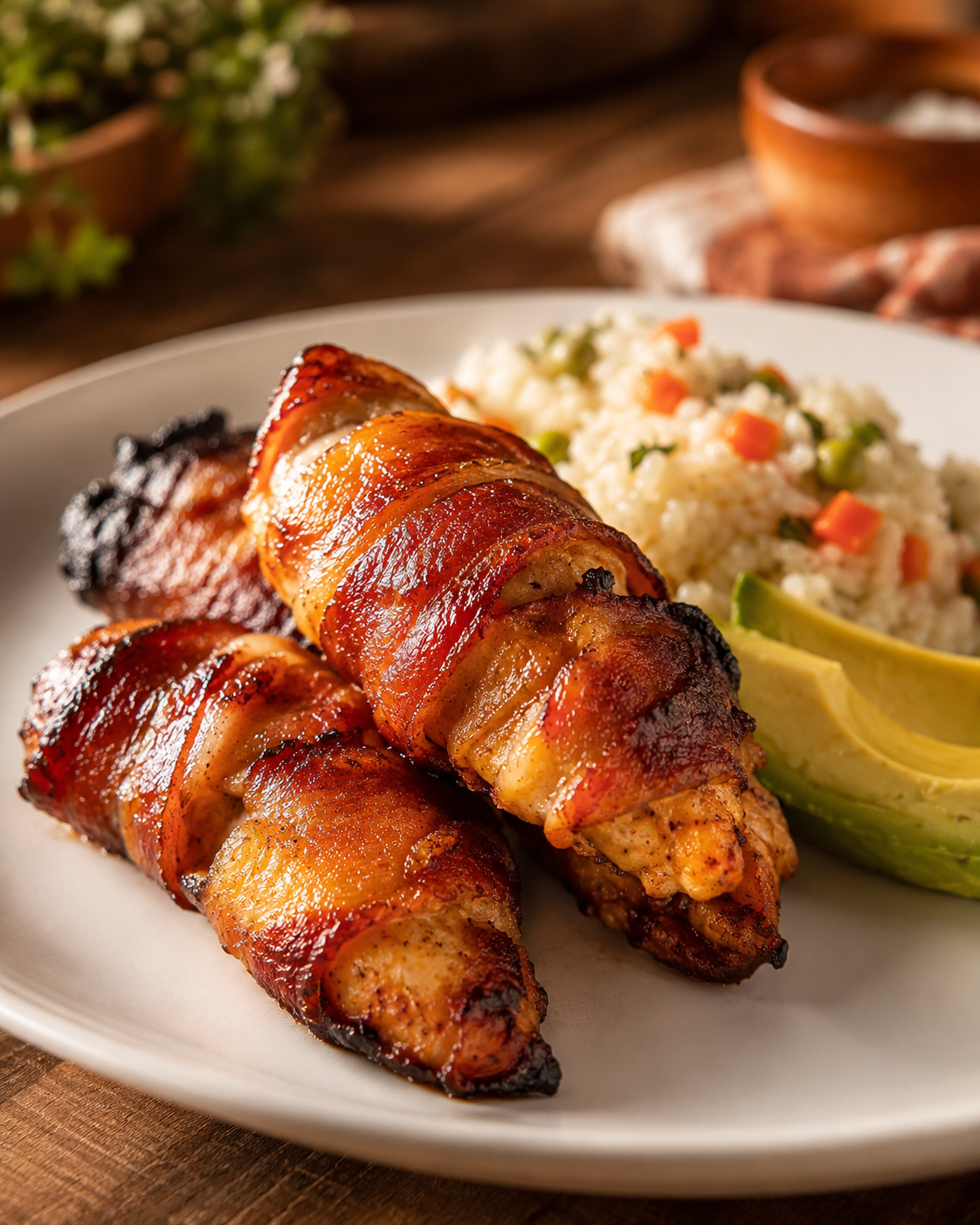 Tenderloins de pollo envueltos en bacon, servidos con arroz blanco con chícharos y zanahoria, y rebanadas de aguacate en un plato blanco.