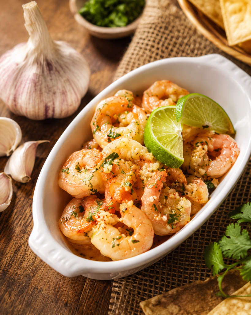 Camarones botaneros como parte de recetas para picar de fin de semana, servidos con totopos y salsa