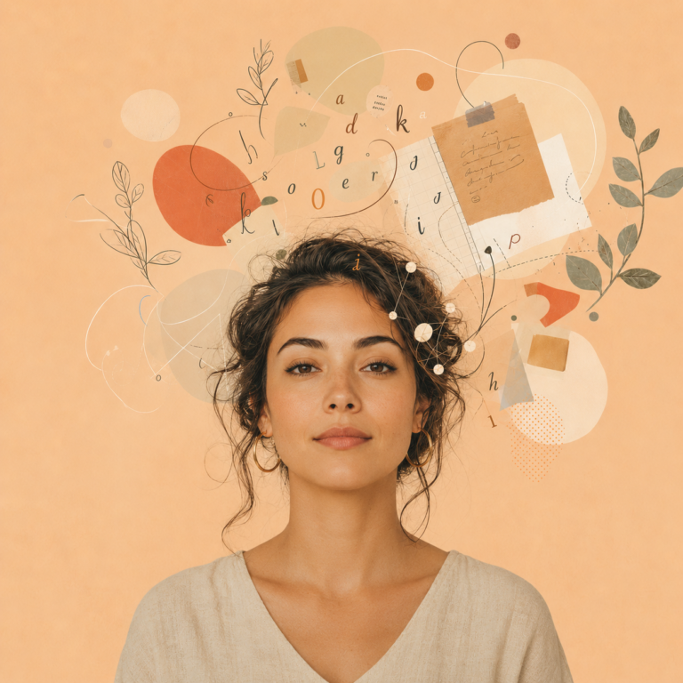 Mujer de frente rodeada de letras, notas y líneas visuales que representan dislexia, neurodiversidad e ideas conectadas.