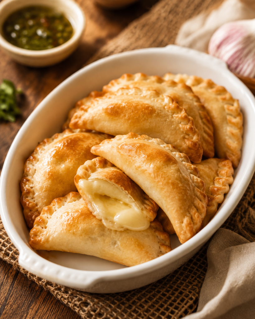 Empanadillas de queso doradas y crujientes servidas en un plato blanco sobre una mesa rústica, con una empanadilla abierta mostrando el relleno de queso derretido.