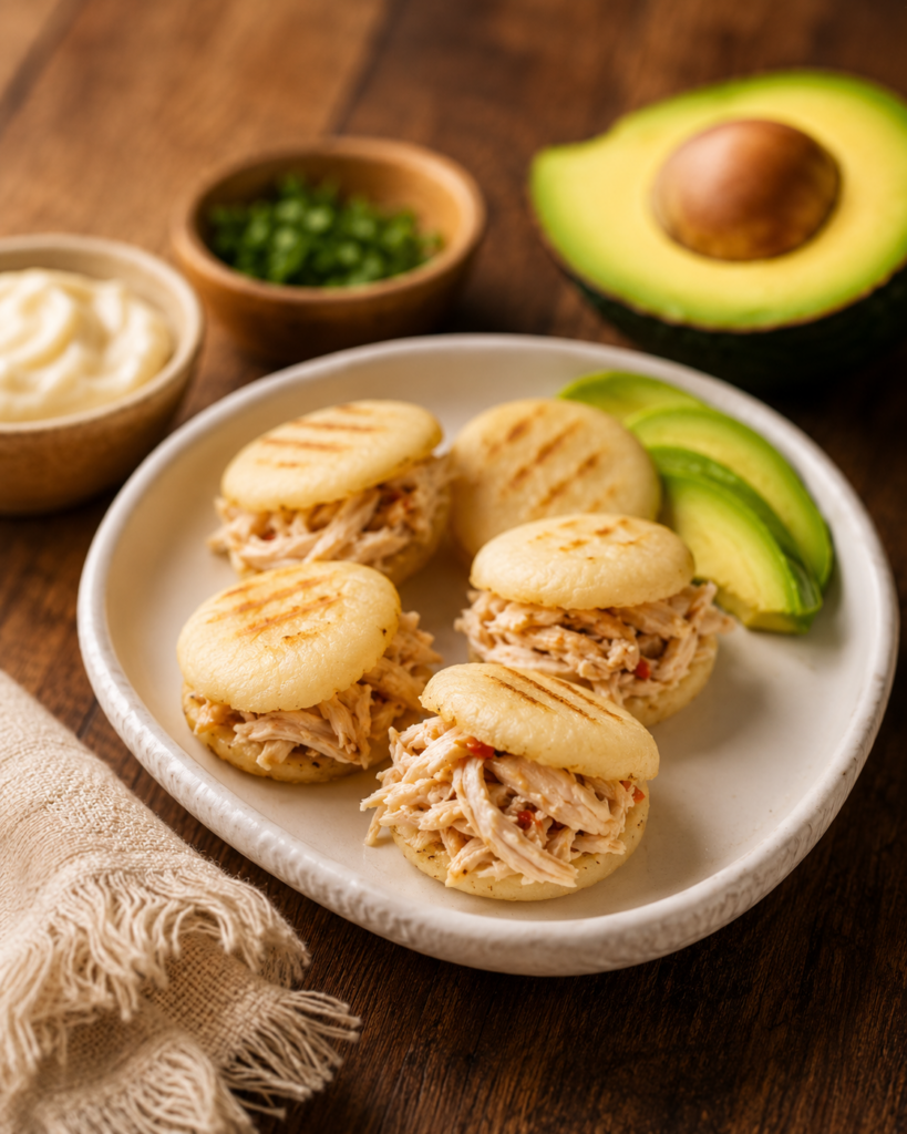 Mini arepas rellenas de pollo como parte de recetas para picar de fin de semana, servidas con aguacate y cilantro.