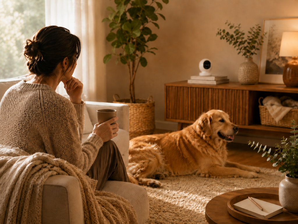 Persona sentada en un sofá observando a su perro en una sala cálida