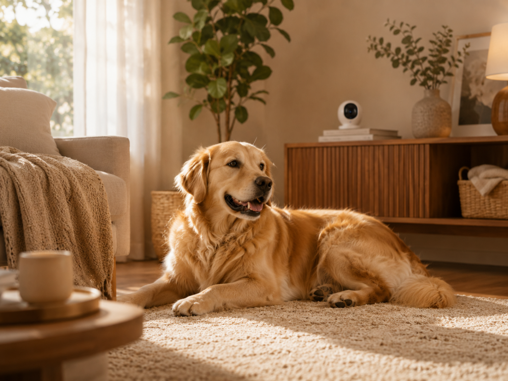 Perro descansando en una sala cálida con una cámara inteligente al fondo
solas en casa