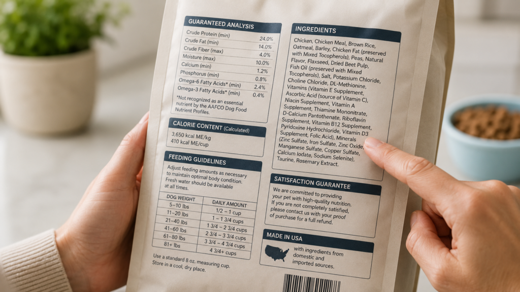 Manos sosteniendo una bolsa de alimento para mascotas mientras un dedo señala la lista de ingredientes.