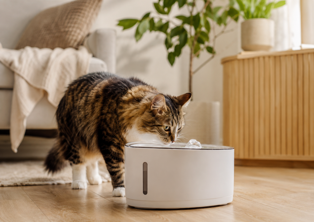 Gato usando una fuente de agua inteligente en casa, gadget para mascotas solas