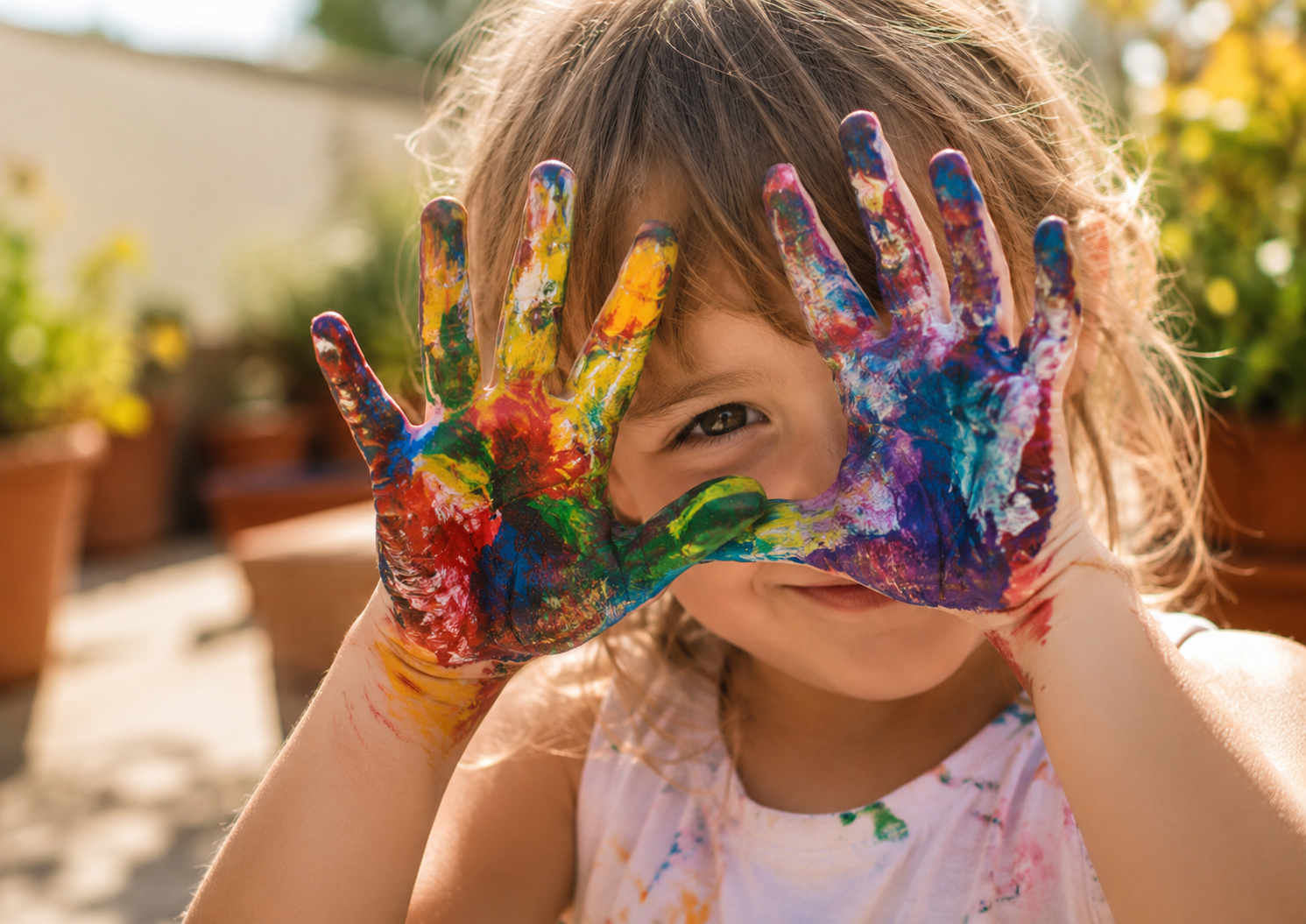 Niña con las manos cubiertas de pintura de colores durante actividades creativas de verano al aire libre.