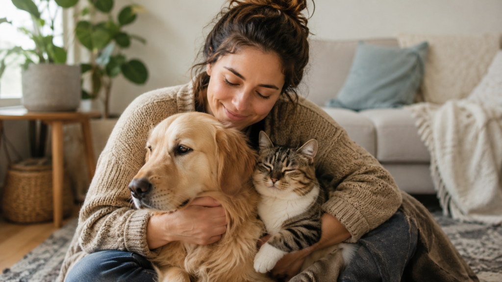 Persona abrazando a un perro y un gato en una sala iluminada con luz natural.