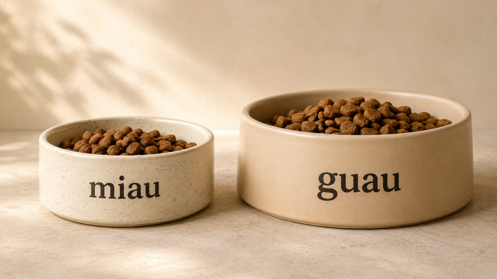 Dos platos con croquetas, uno más pequeño con la palabra “miau” y otro más grande con la palabra “guau”