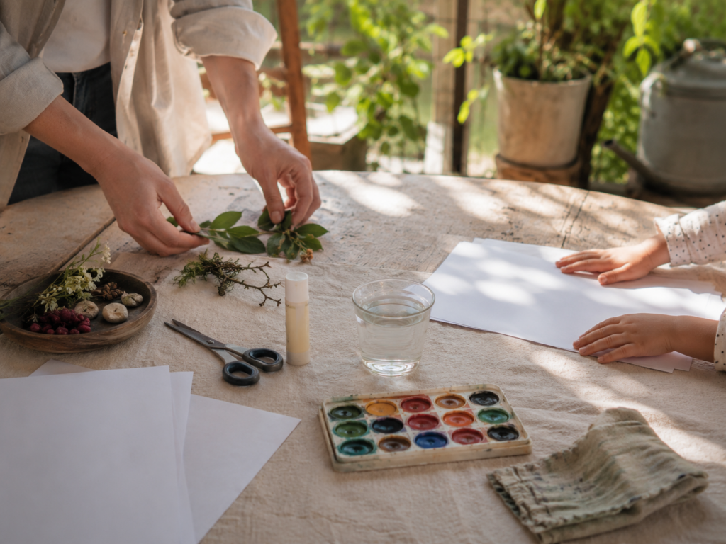 Manos adultas acomodando hojas sobre papel para cianotipia durante actividades creativas de verano.