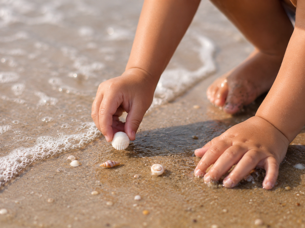 Manos pequeñas recogiendo conchitas en la arena como parte de actividades creativas de verano en la playa.