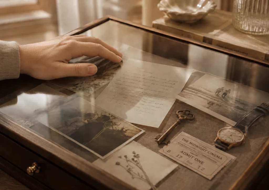 Mano apoyada sobre una vitrina con fotografías antiguas, una carta, una llave y un reloj.