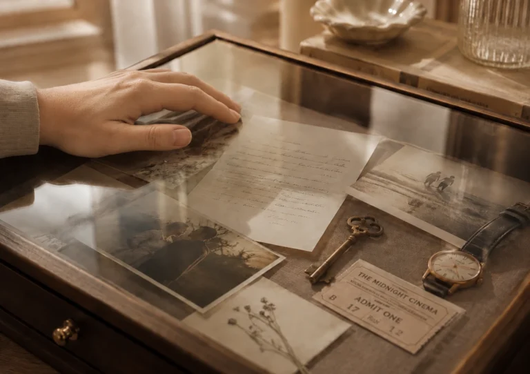 Mano apoyada sobre una vitrina con fotografías antiguas, una carta, una llave y un reloj.