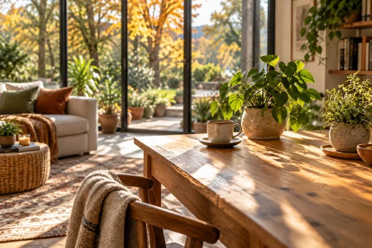 Sala luminosa con mesa de madera, plantas y una taza, ejemplo de cómo sentir el otoño a través de la luz cálida de la tarde.