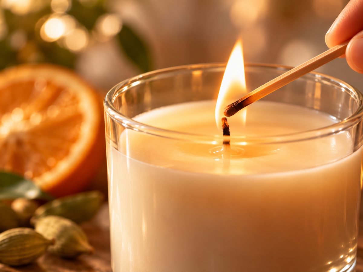 Primer plano de una vela de soya en vaso de vidrio siendo encendida con un cerillo, con naranja y cardamomo desenfocados al fondo.
