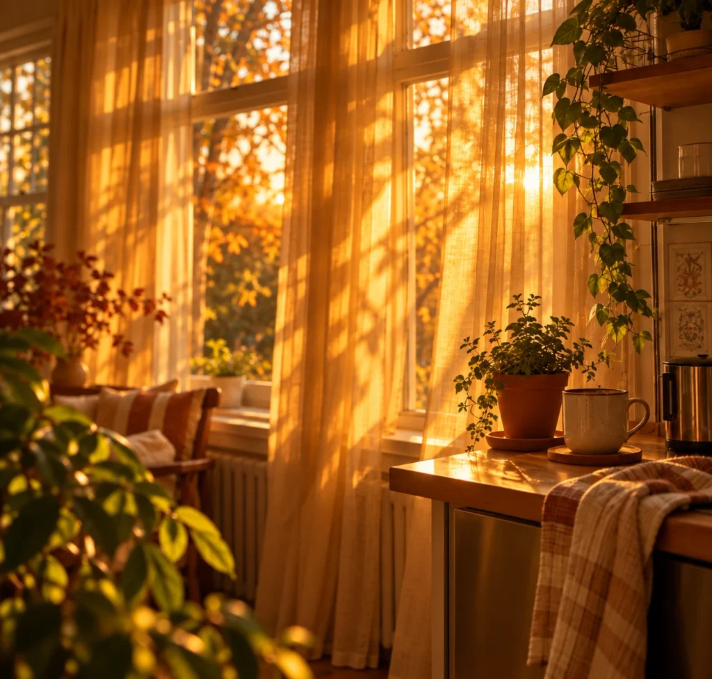 Luz anaranjada del atardecer entrando por una ventana con cortinas claras, plantas y una taza sobre una mesa.