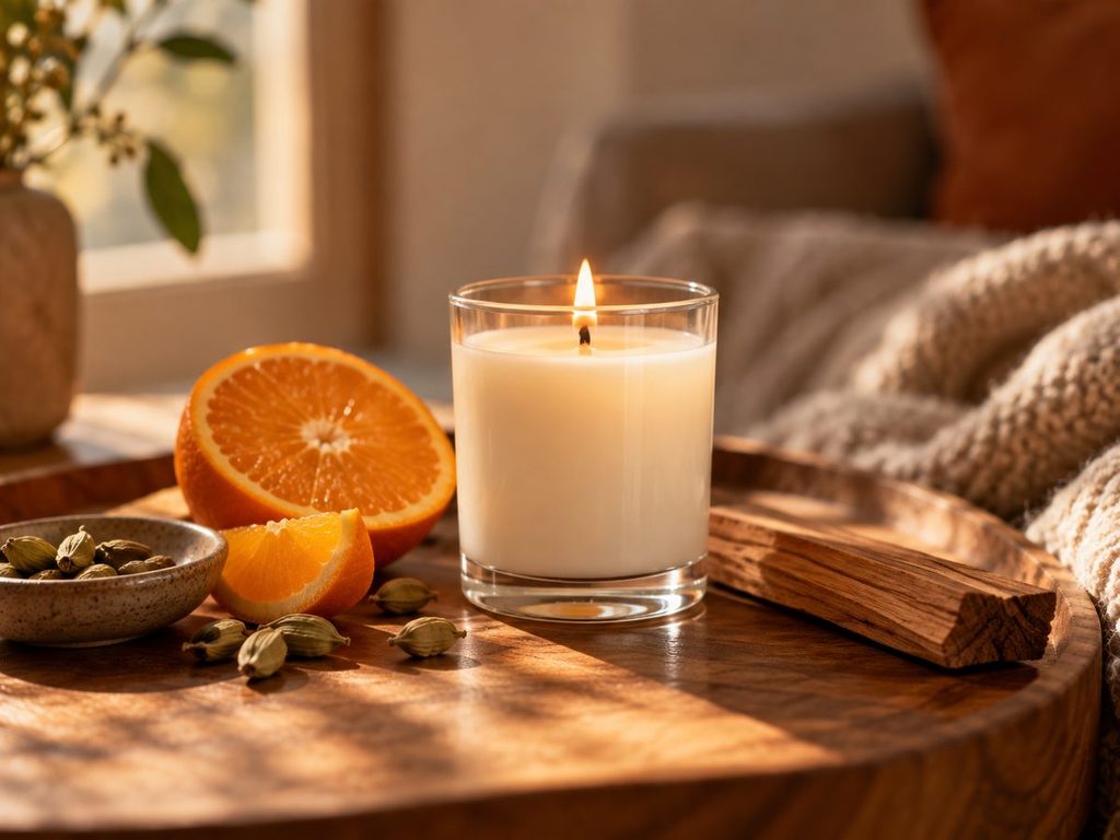 Vela de soya encendida sobre una mesa de madera, junto a naranja, cardamomo y una pieza de madera, en un ambiente cálido de otoño.