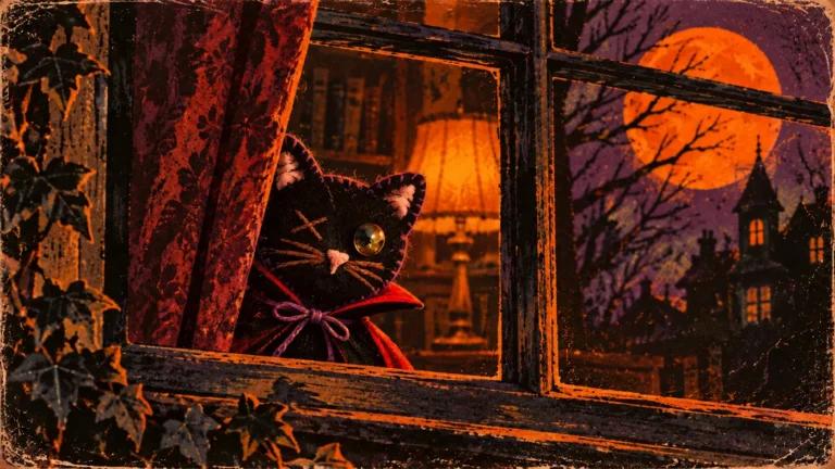 Ilustración vintage de Mauro, un gato negro de fieltro con un solo ojo tornasolado y capa de vampiro, asomándose por una ventana durante una noche de luna llena.