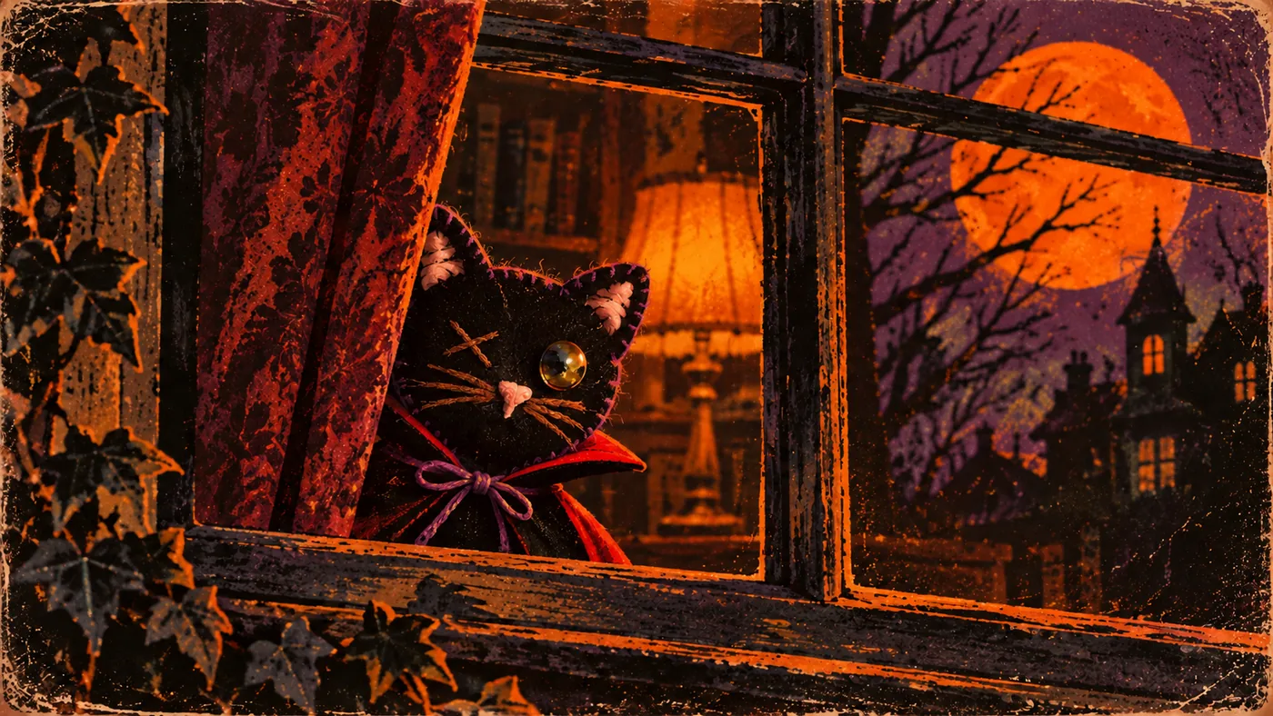 Ilustración vintage de Mauro, un gato negro de fieltro con un solo ojo tornasolado y capa de vampiro, asomándose por una ventana durante una noche de luna llena.