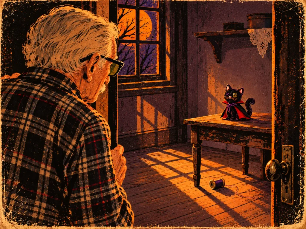Ilustración vintage de Don Gustavo observando a Mauro, un gato negro de fieltro con capa de vampiro, sobre una mesita en una antigua salita de costura.